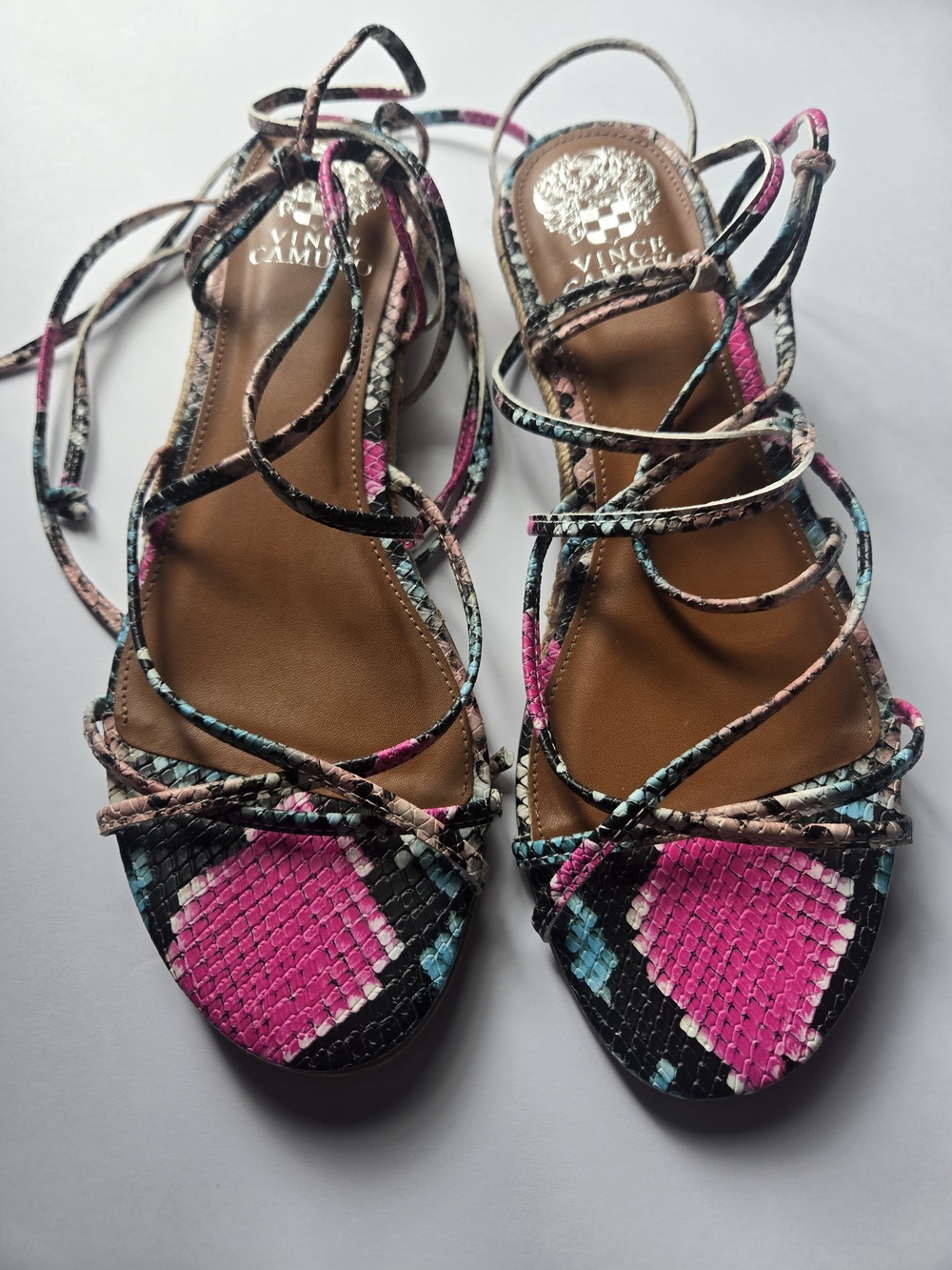 Vince Camuto Pink Multi Lace-Up Snake-Print Sandals Size 8.5